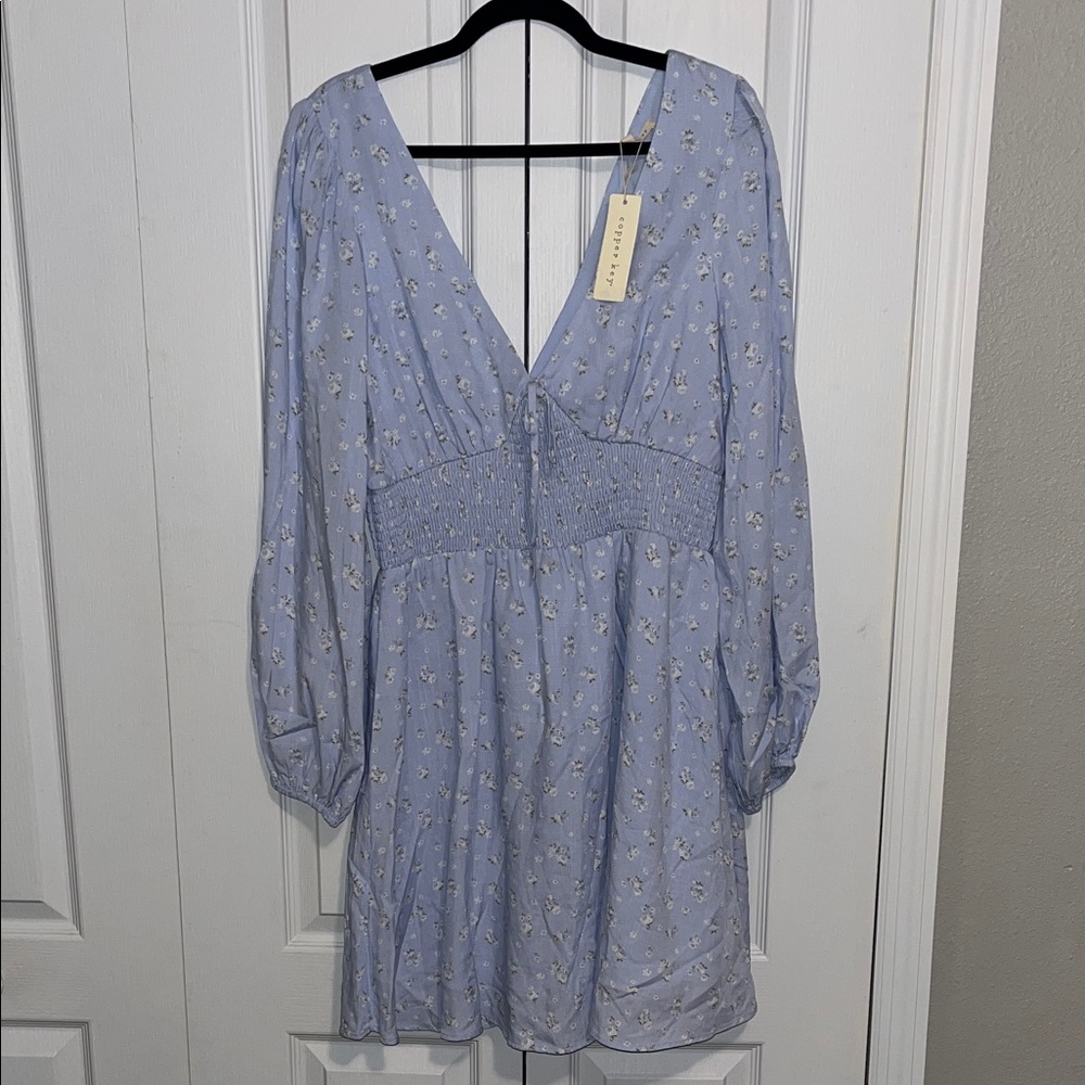 Copper Key Light Blue Floral Smocked-Waist Mini Dress